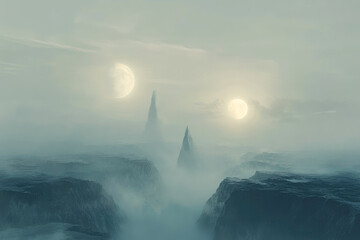 Poster - A surreal landscape featuring two suns illuminating misty mountain peaks, creating a dreamlike atmosphere of wonder and discovery.