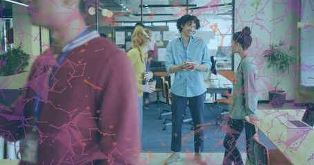 Poster - Chatting in office, diverse colleagues with colorful network connections overlay