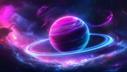 Wall Mural - A vibrant cosmic scene featuring a large purple planet with rings, surrounded by colorful space elements and celestial clouds.