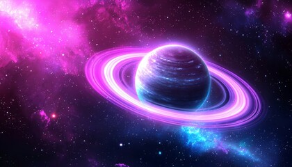 a vibrant cosmic scene featuring a planet with rings, set against a backdrop of colorful nebulae and