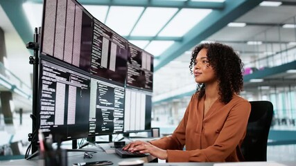 Fototapete - Programmer Woman Coding On Multiple Screens