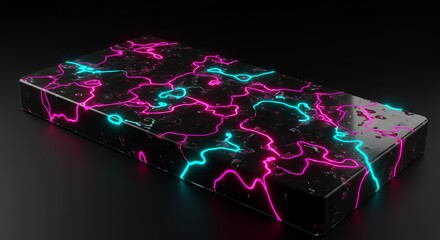 Poster - Rectangular Block with Glowing Pink and Cyan Fractal Pattern Design