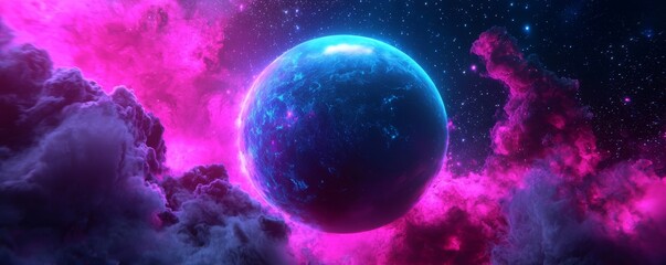 Wall Mural - A vibrant cosmic scene featuring a glowing planet surrounded by colorful nebulae and twinkling stars against a dark backdrop.