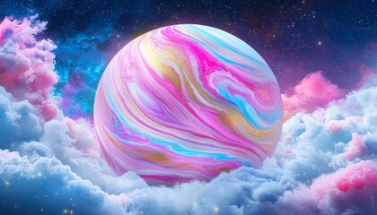 Wall Mural - A vibrant, colorful planet surrounded by fluffy clouds in a starry sky, showcasing swirling patterns in shades of pink, blue, and gold.