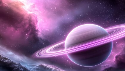 Wall Mural - A stunning cosmic scene featuring a vibrant planet with rings, set against a colorful nebula and starry background.