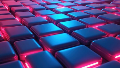 Poster - Image array of colourful squares with blue background. Geometric 3D design, bright modern art, digital render. Cubes, blocks arranged in creative pattern. Futuristic technology concept, mosaic style.