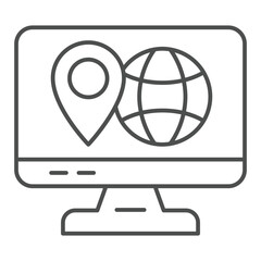 Poster - Monitor screen with globe and location pin thin line icon, world delivery concept. Vector graphics. Display with planet map sign on white background, outline style icon for mobile or web design.