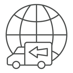 Poster - World globe with deliverer truck thin line icon, delivery concept. Vector graphics. Delivery vehicle transport sign on white background, outline style icon for mobile or web design.