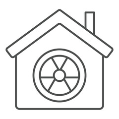 Poster - House with radiation seal thin line icon, atomic energy concept. Vector graphics. Cottage building and radioactivity danger sign on white background, outline style icon for mobile or web design.