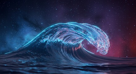Poster - Majestic Water Wave Curving in Space with Luminous Blue Outline