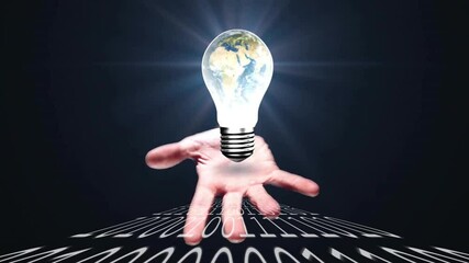 Poster - Holding light bulb with Earth animation over binary code background