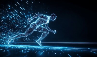  Digital athlete represented in blue light design emphasizing motion and speed for futuristic sports and fitness technology visualization .