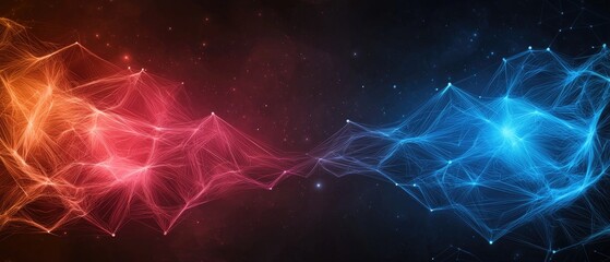 Poster - A vibrant digital illustration depicting interconnected networks in red and blue against a dark background, symbolizing communication and technology.