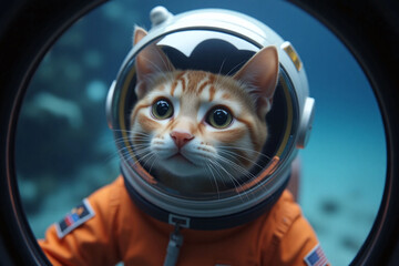 cat wearing an astronaut suit in a space station