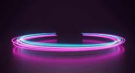 Poster - Neon Light Trails Forming Circular Shape in a Dark Studio Setting