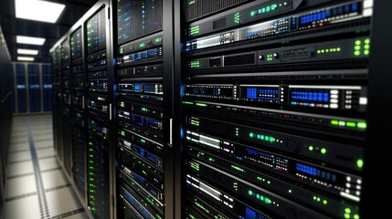 Poster - A D digital representation of cloud computing with interconnected servers.