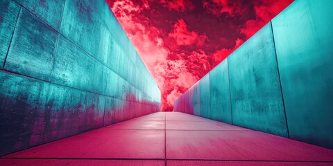 Wall Mural - a long, narrow tunnel with a red sky above it