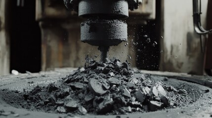 Poster - A close-up of a rubber milling machine grinding raw rubber into fine particles.
