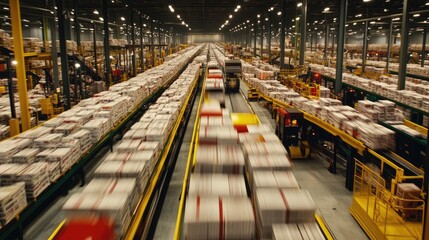 Poster - A conveyor belt system transporting freshly printed newspapers through a distribution center.