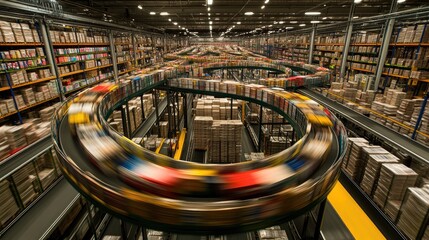Poster - A conveyor belt system transporting freshly printed newspapers through a distribution center.