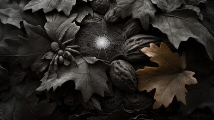 Close-up of a spider web glistening in the center of autumn leaves and nuts, nature's intricate details