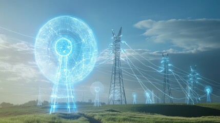 Poster - A futuristic energy grid visualization integrating AI and renewable power sources.