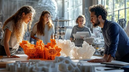 Poster - A group of diverse printing professionals engages in a collaborative project in a spacious studio filled with innovative prototypes. They discuss intricate designs and ideas.