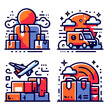 © Elena - Delivery service icons with vehicles and packages in vibrant colors. Packing cubes