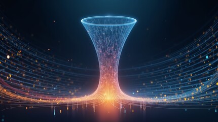 Poster - Cosmic Funnel: An artistic portrayal of a cosmic funnel, glowing and luminous, with streams of particles flowing in a dynamic display, set against a dark space background.