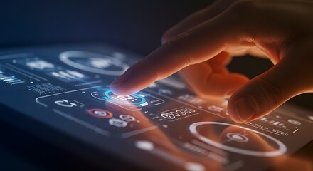 Closeup of finger interacting with futuristic tablet interface digital technology ui ux app web hand