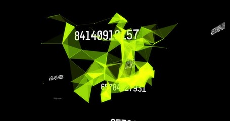 Poster - Animation of green geometric shapes and numbers floating on black background