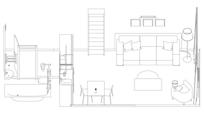 Poster - A drawing of a room with a staircase and a chair. The room is empty and has a minimalist design