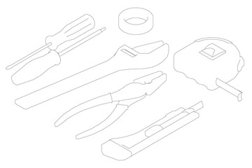 Poster - A set of tools including a wrench, pliers, and a screwdriver. The image is in black and white. Isometric view