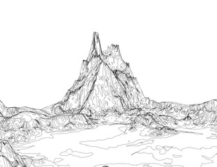 Poster - A mountain is shown in the distance with a rocky terrain. The mountain is very tall and has a peak that is almost touching the sky. The sky is clear and the mountain is surrounded by a vast