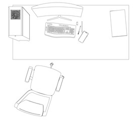 Poster - A computer desk with a keyboard, mouse, and a cell phone. A chair is also present. Top view