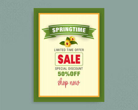Background, springtime composition design with handwriting texts and flowers with green leaf for spring season, sales and commercial event; Vector illustration.