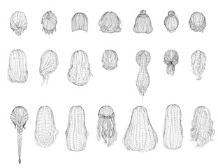 Poster - A series of drawings of different hairstyles. The drawings are all in black and white. The drawings are of various styles, including a ponytail, a bun, and a bob