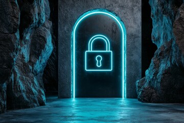 Poster - Neon Blue Glowing Padlock Hologram Isolated in a Dark Cave with Rock Walls and Archway