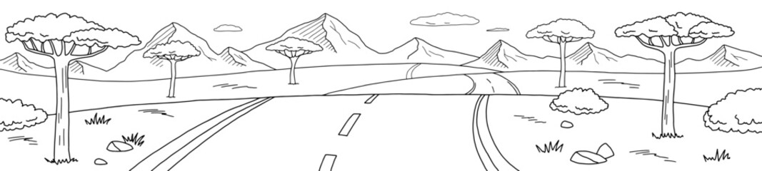 Fototapete - Savannah road graphic black white landscape long sketch illustration vector 