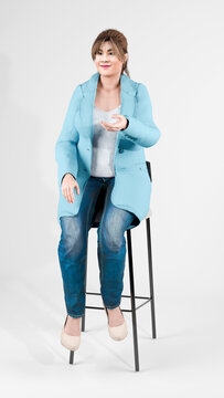 3d render of woman in coat and jeans outfit act pose at white background at studio light