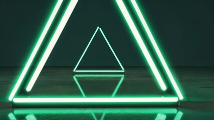 Poster - Glowing neon green triangle illuminating empty dark room background, reflective floor creates a mysterious and futuristic atmosphere with abstract video 4k