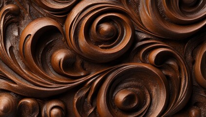 Fototapete - Dark brown wooden carving background with swirls of organic patterns, creating an elegant and luxurious feel for design projects.