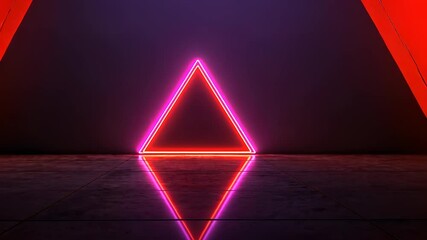 Poster - Glowing neon purple triangle reflective empty dark room with illuminating floor creates a mysterious and futuristic atmosphere background, abstract video 4k