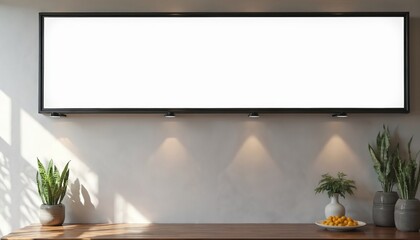 Poster - Blank billboard, restaurant menu mockup, cafe advertisement design. Empty white screen poster for advertising. Signboard display for cafe business, modern design, food, dinner promotion. Wooden table.