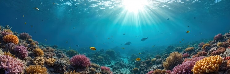 Aufkleber - Underwater coral reef in Red Sea. Tropical colorful coral formations and fishes swim in clear blue water. Sunny beams light the scene. Marine life, travel and tourism concept.