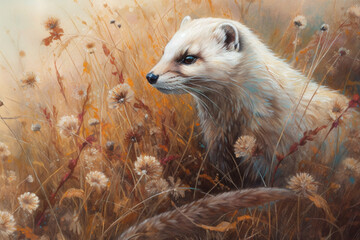weasel and grass-flowers in autumn, white feather grass., watercolor style, generative ai