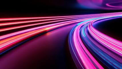 Poster - Light trails curving and glowing, weaving dynamic energy against deep darkness, creating abstract motion visualization background neon, abstract video 4k