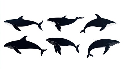  Whale silhouettes various poses, on white background