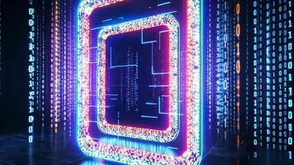 Poster - Rectangular abstract 3d frame neon sign glowing with pink and blue Copy illuminating purple smoke in an empty room with plants background, light space for text video 4k