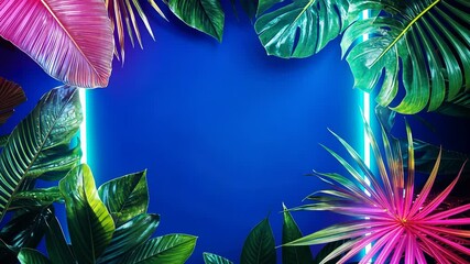 Poster - room abstract 3d frame neon sign glowing Rectangular pink and blue light Tropical Leaves illuminating purple smoke in an empty with with plants background, Copy space for text video 4k